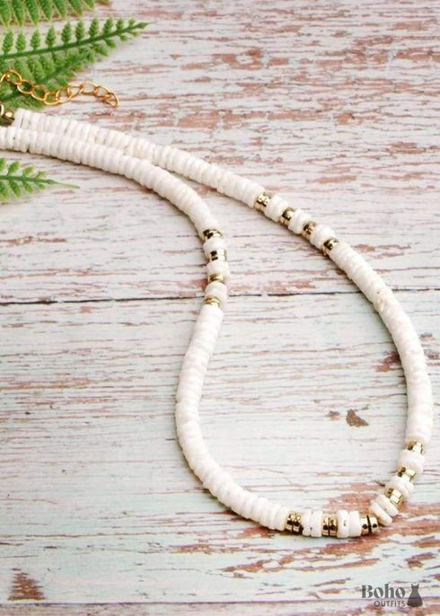 Boho Necklace, Natural Shell Cowrie in White